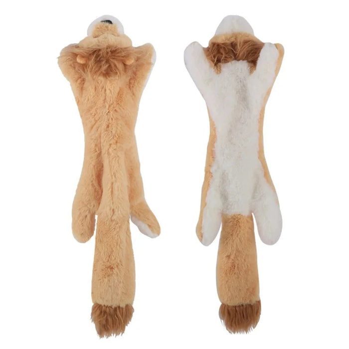 A plush dog toy resembling a brown lion with a furry tail, shown from the front and the back.