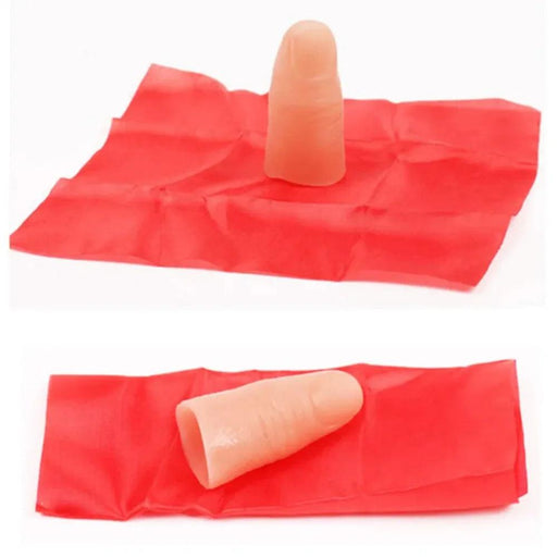 Two images of a flesh-colored thumb tip prop placed on top of a red silk cloth, highlighting the common tools used in a disappearing handkerchief trick.