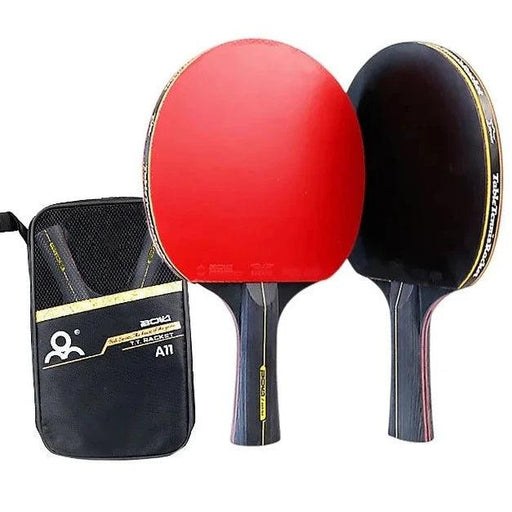 Two table tennis paddles, one with a red rubber surface and the other with a black rubber surface, along with a black carrying case. It has long handles.