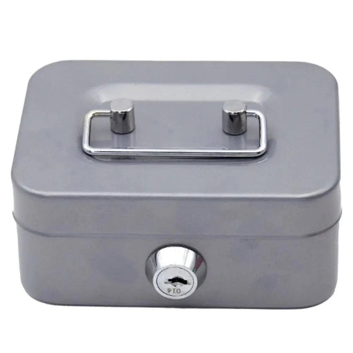 A small gray lockbox with a metal handle on top and a keyhole on the front, viewed from the front.