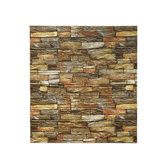 A wall panel with a stacked stone design in shades of brown and gray.