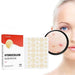 A close-up of a woman's face with a magnifying glass highlighting acne spots next to the acne patch product.