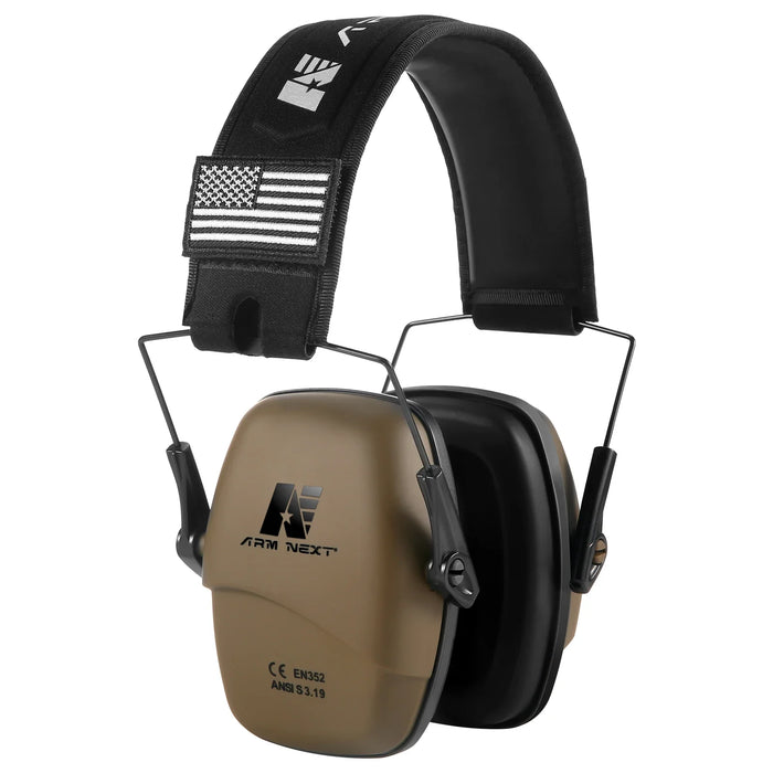 Side view of brown Arm Next earmuffs, showing the comfortable headband and compact ear cups.