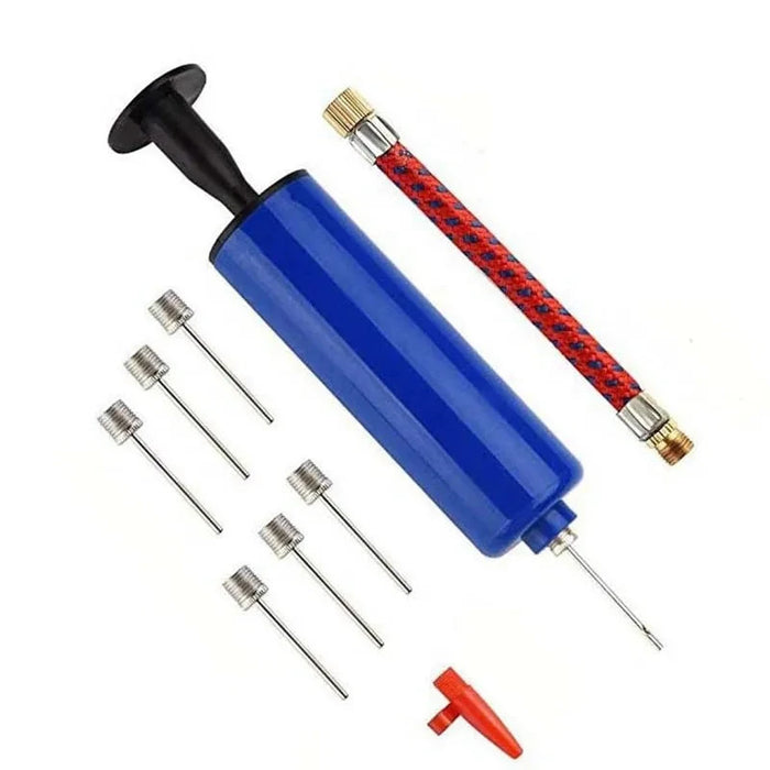 Complete hand pump kit including blue pump, red hose, multiple needles, and a red nozzle.