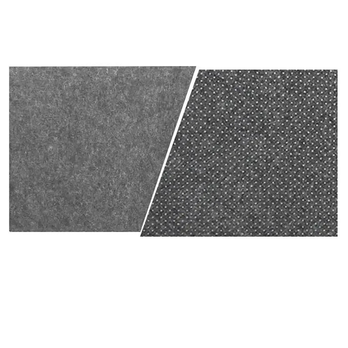 A split image showing a close-up of the front and the back of a dark grey desk mat. The left side displays the soft, felt-like surface, while the right side shows the dotted non-slip backing.