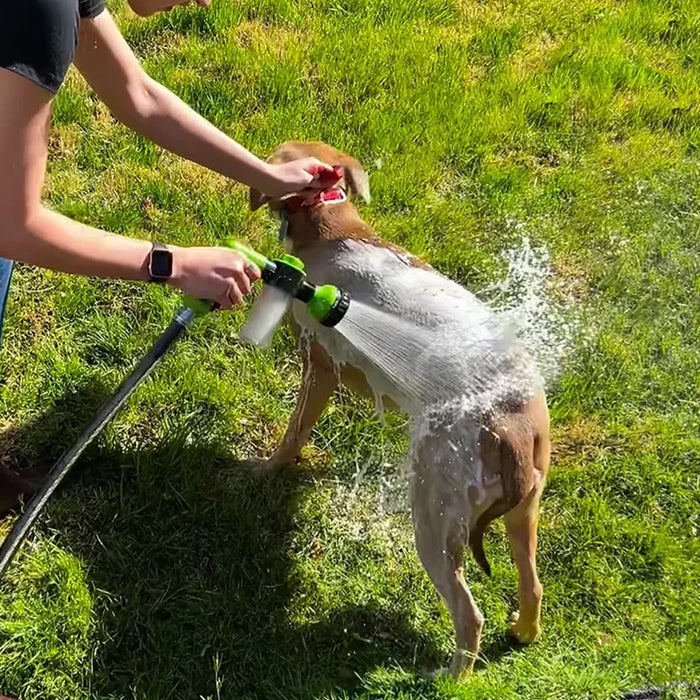 A person using a green and black hose nozzle with soap dispenser to wash a dog outside on the grass.