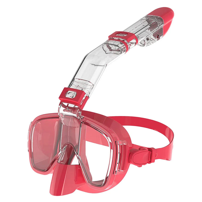 A pink snorkeling mask with an attached snorkel, similar in design to the first one, is featured. The snorkel is clear with black accents and has a valve at the top to keep water out.