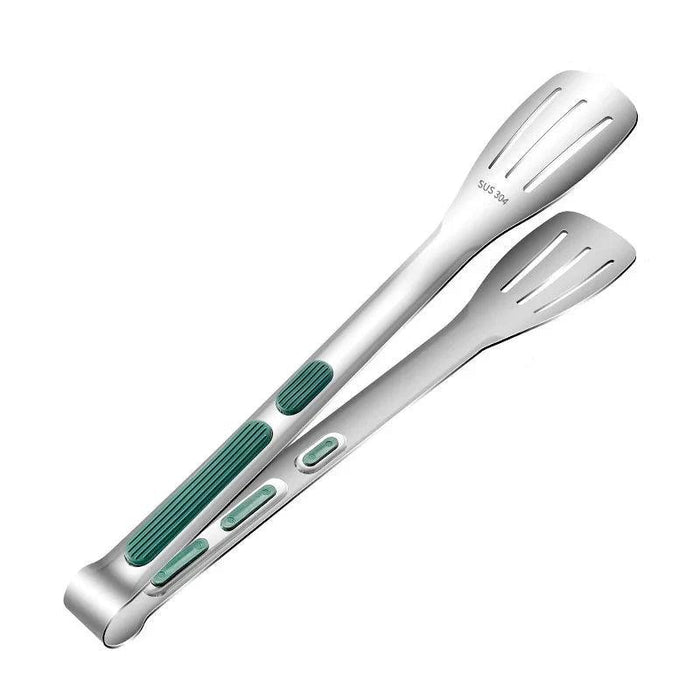 Stainless steel tongs with green accents shown in a top-down view.