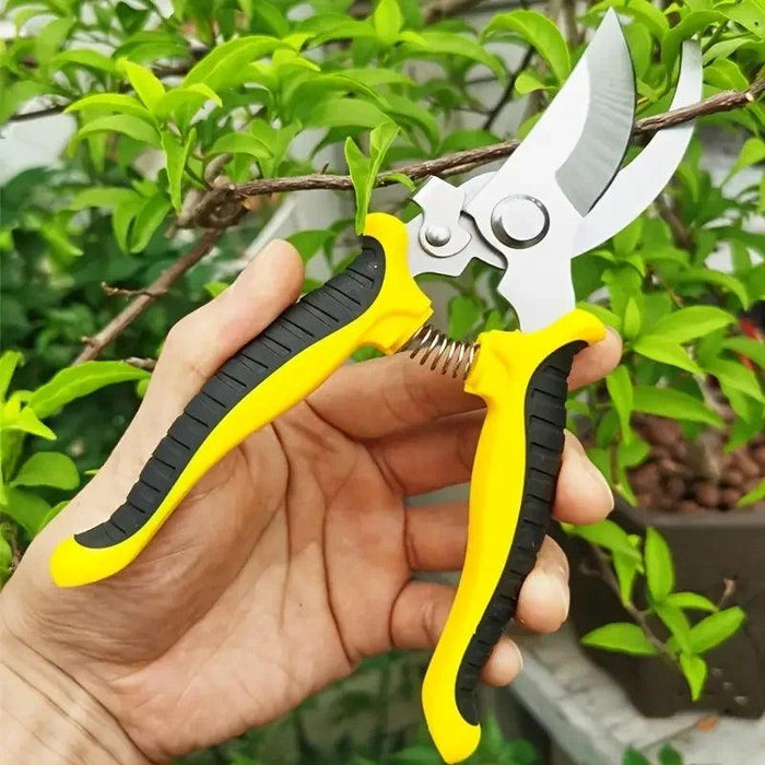 A close-up of a pair of pruning shears with yellow and black handles, held in a hand while cutting a small branch.