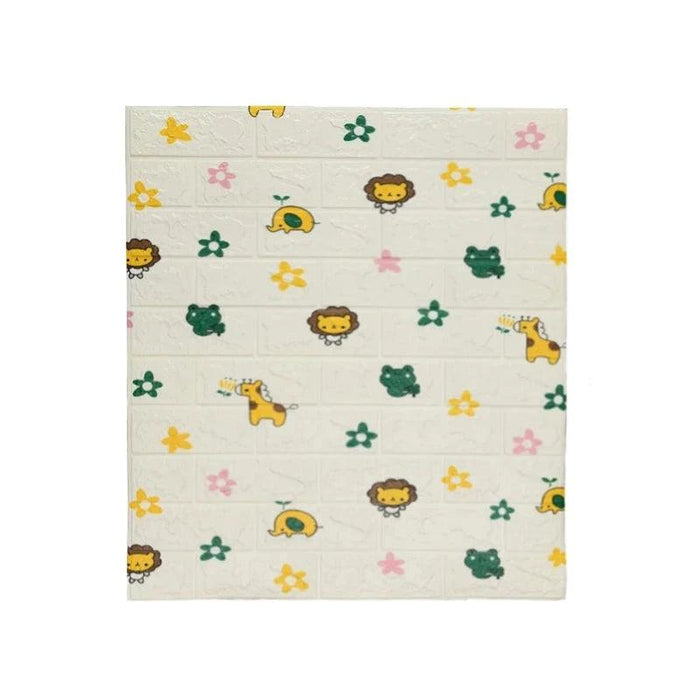 A white wall panel with cute animal and flower designs in yellow, green, and pink.