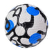 White soccer ball with black and blue abstract pattern.