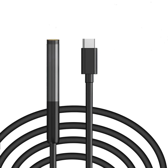 Endoscope camera head with a USB-C connector at the end of a coiled cable, emphasizing the slim design and durability of the cable.