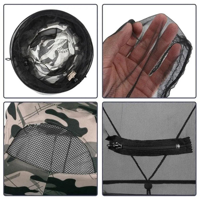 A detailed collage highlighting the features of a camo-patterned hat with an attached black mesh net. The images include a view of the inside of the hat, the breathable mesh sections, the fine texture of the mesh net, and a close-up of the zipper located on the front of the net.