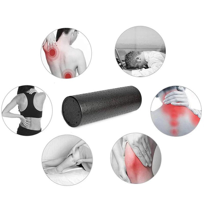 A black foam roller surrounded by illustrations of different muscle pain points and uses.