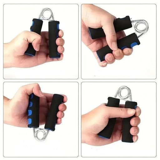 Four images demonstrating different ways to hold and use a black and blue foam hand grip strengthener.