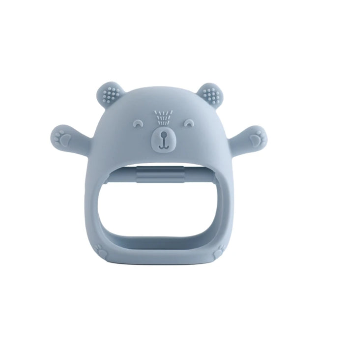 A close-up of a light blue silicone teether shaped like a bear, shown in front view on a white background.