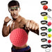 A man demonstrating the use of a boxing reflex ball with a red ball attached to a headband. On the right, a selection of reflex balls in different colors is displayed.