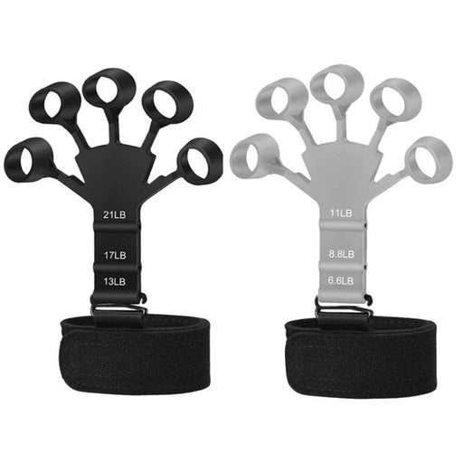 Black and grey finger strengtheners with adjustable resistance levels (black: 13 lb, 17 lb, 21 lb; grey: 6.6 lb, 8.8 lb, 11 lb) and wrist straps.