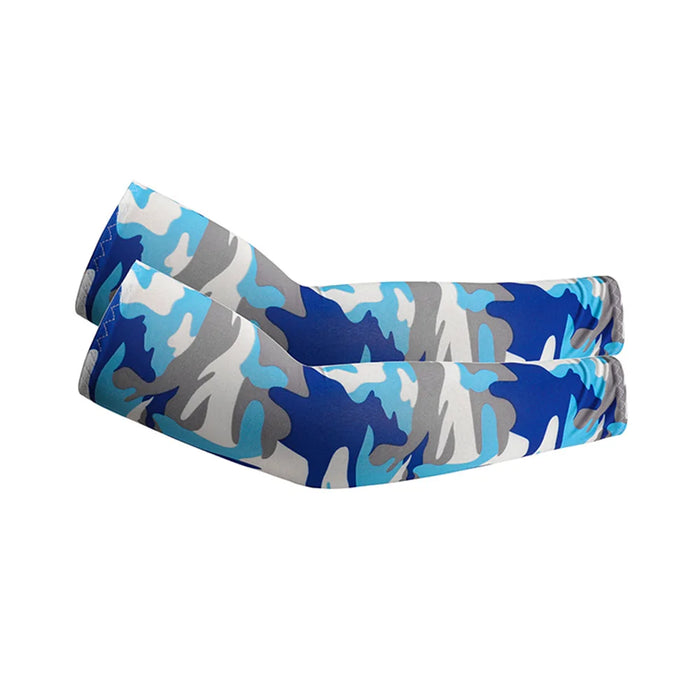 Blue and grey camouflage sports arm sleeve, perfect for outdoor activities requiring camo and sun protection. Display on white background.