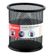 Round black mesh pen holder with packaging label, displaying its size and design details.