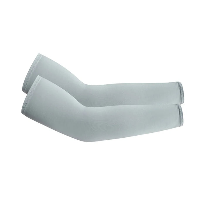 Light grey arm sleeves for comfortable sun protection and sports activities. Display on white background.