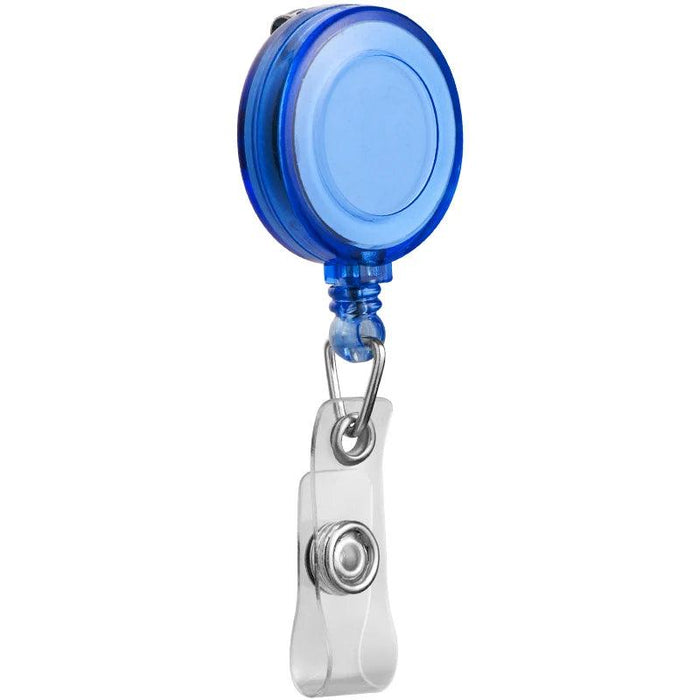 Front view of a blue Retractable Badge Holder.