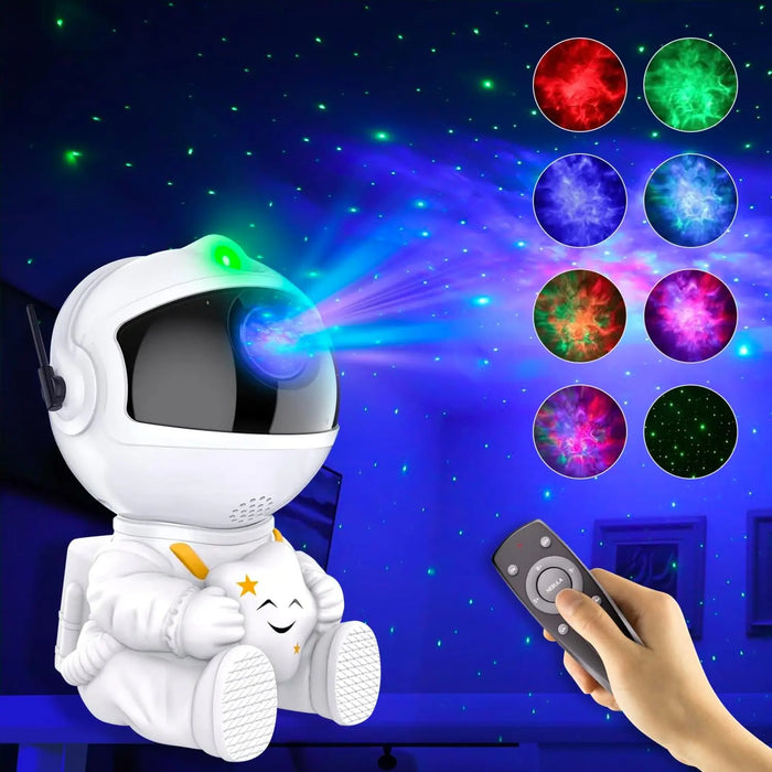 White astronaut LED projector with a remote control, illuminating a room with multiple color settings of a nebula and star pattern on the ceiling and wall.