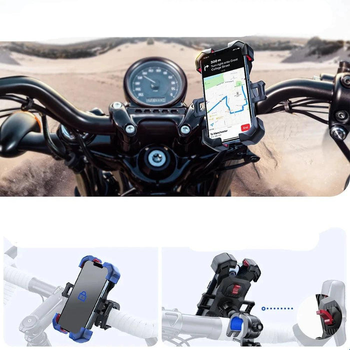 A motorcycle phone mount is displayed on the handlebars, showing a smartphone with a navigation map on the screen. The setup provides a clear view of the device when held securely by the phone's holder. Ideal for use during difficult terrain.