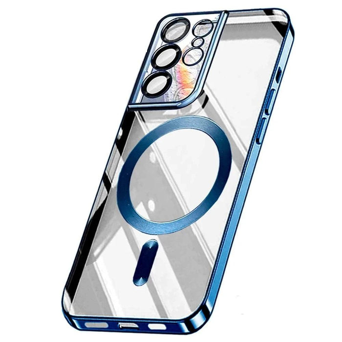 A phone case with a blue magnetic ring, showcasing the clear design and protective features.