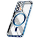 A phone case with a blue magnetic ring, showcasing the clear design and protective features.