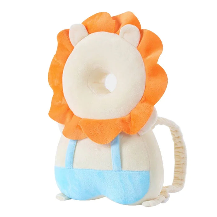 A baby head protector designed to resemble a lion, featuring an orange mane, beige body, and blue pants.