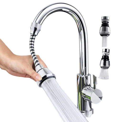 A faucet with a flexible sprayer being adjusted by hand, showing the sprayer both attached and detached from the faucet.