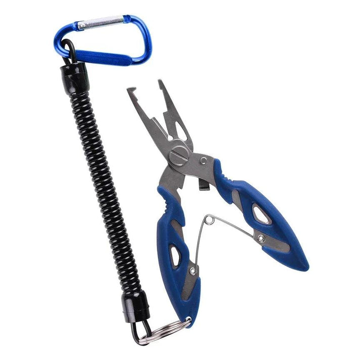 A pair of blue fishing pliers with a coiled lanyard attached to a blue carabiner, designed for easy access and securing the tool.