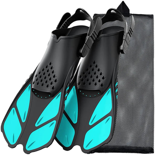 Turquoise Snorkel Fins with mesh bag.