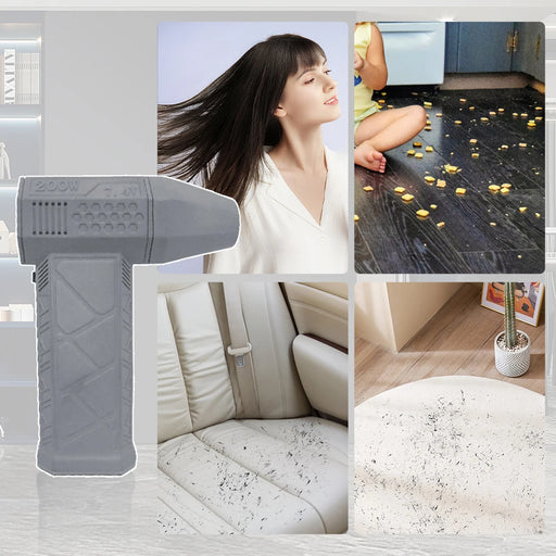  A gray handheld blower placed next to images of different applications, including drying hair, cleaning floor mess, and removing debris from a car seat and a rug.