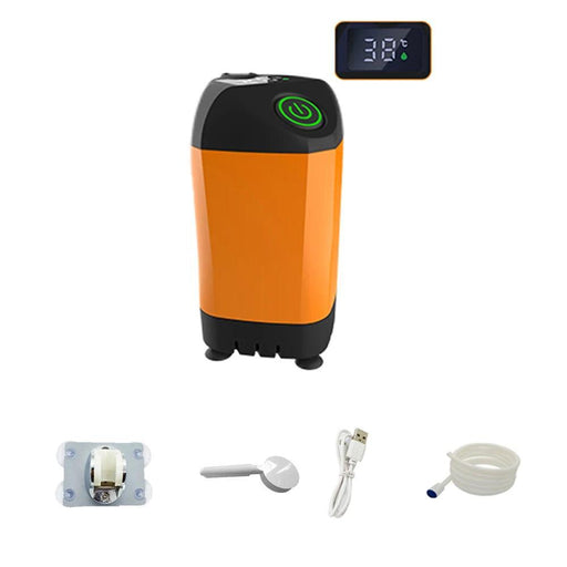 The orange and black portable shower device with its accessories: a suction cup holder, USB charging cable, spray nozzle, and flexible hose. Additionally, a digital temperature display showing 38°C is featured, indicating the device's temperature control capability.