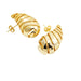 a pair of gold earrings with a spiral, conch-like design. The earrings are polished and shiny, with smooth, gold spirals wrapping around the shape.