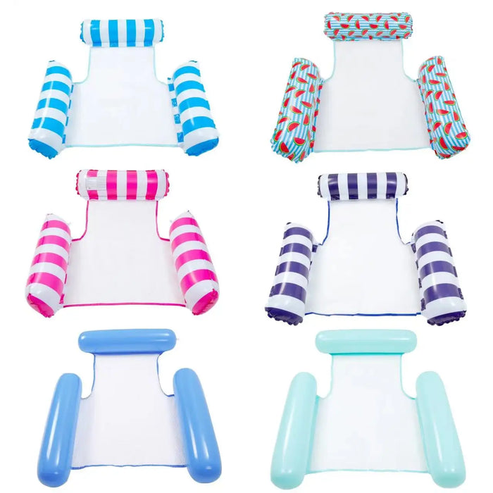  A selection of inflatable pool loungers in various colors and patterns, featuring inflatable sides, headrests, and a mesh center.