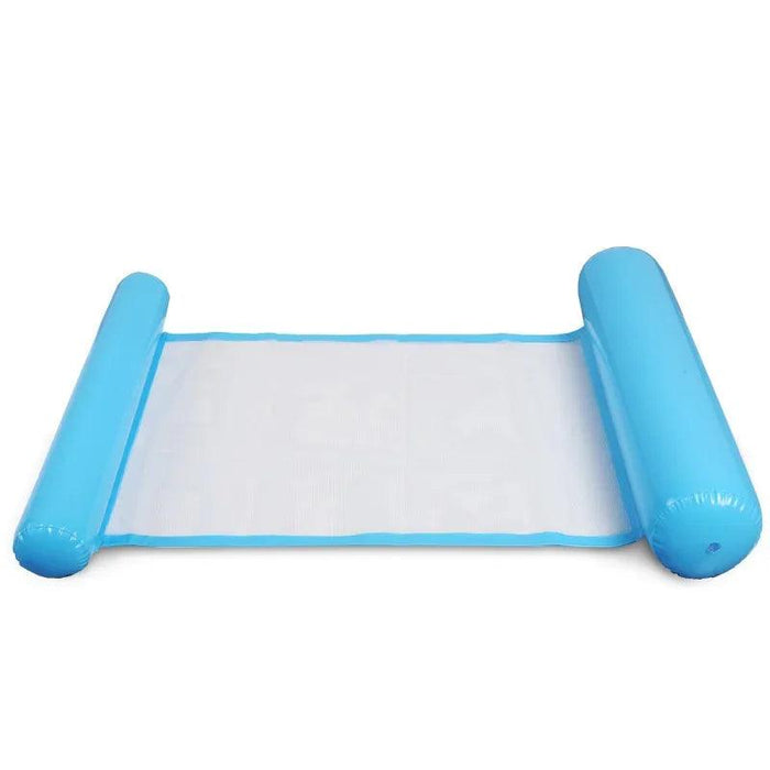 Inflatable pool float with solid blue color and white mesh.