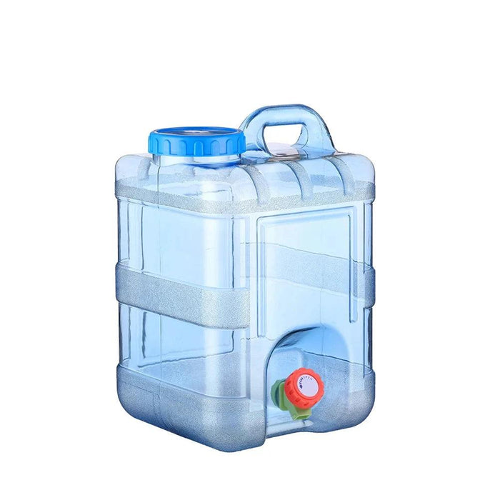 A Transparent Blue water container with Faucet.