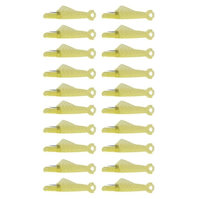 Twenty Fish Mouth Sewing Machine Needle Threaders in yellow.