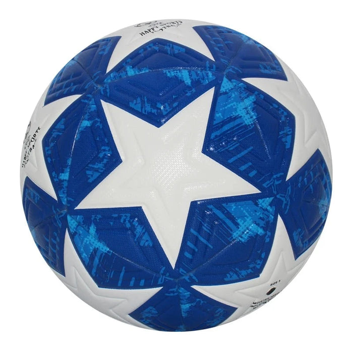 Blue soccer ball with white star pattern.