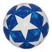 Blue soccer ball with white star pattern.