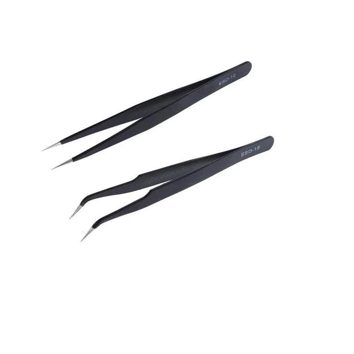 Two black ESD tweezers, one straight and one angled, on a white background.