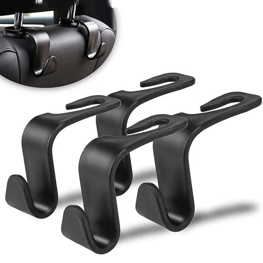 Set of four black car headrest hooks, showing their curved design and functionality. And a small photo of the hooks attached to the headrest.