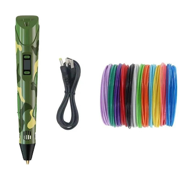 A camouflage-patterned 3D pen with a USB charging cable and a variety of filament coils in different colors.