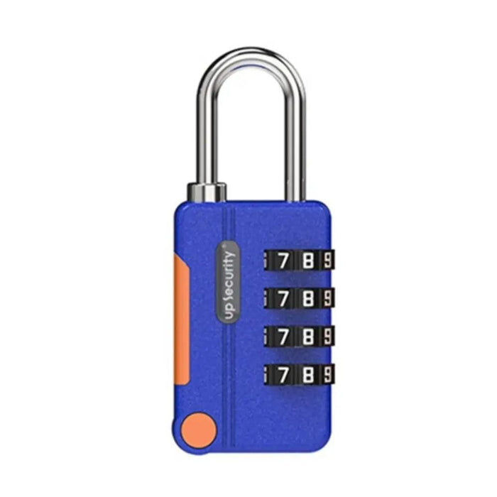 A blue combination padlock with four dials set to "7-8-9", and orange accents.