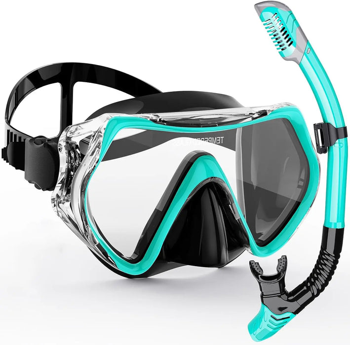 A turquoise snorkeling mask with an attached snorkel displayed on white background.