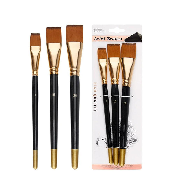 Three black-handled flat paintbrushes with orange bristles alongside a packaging of three similar brushes.