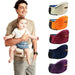 A father carrying a baby using a cream baby waist carrier, with additional waist carriers in orange, magenta, navy blue, and purple shown beside him, highlighting color variety.